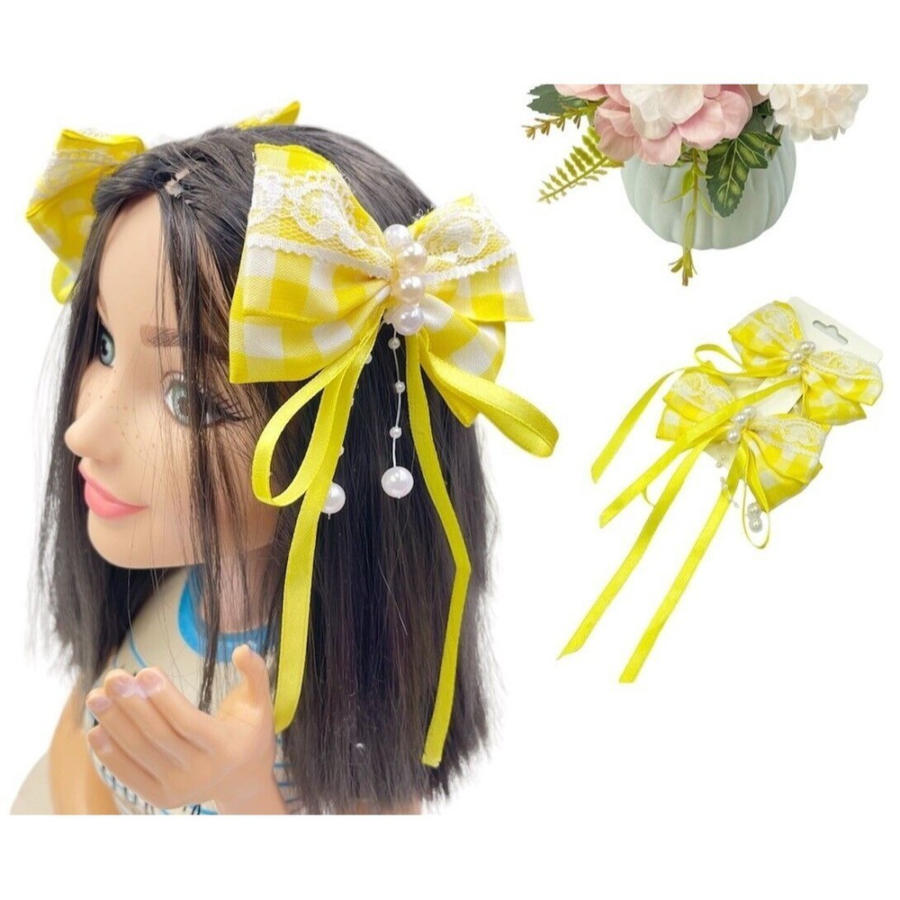 2 Hair Bow Clip Yellow Hairpin Wih Beads For Girls